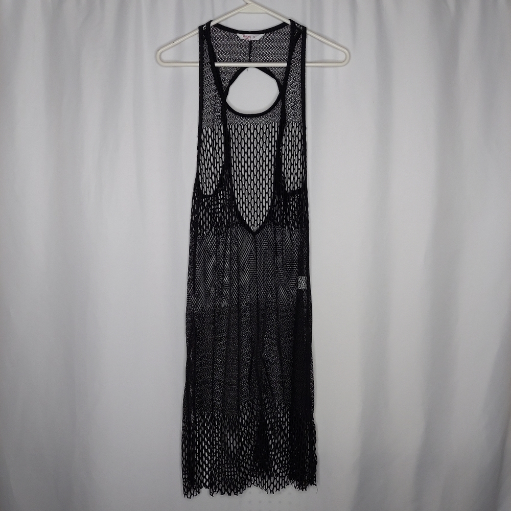 Penti Fishnet Swim Coverup Small Black Strappy Racerback Tunic Y2K‎ Mesh